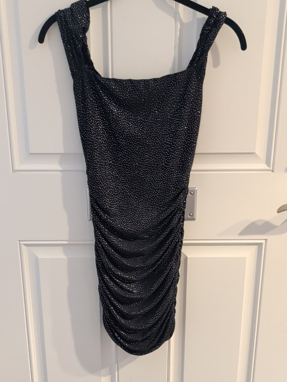 Lucy In the Sky Black Sparkle Ruched Mini Dress with Square Neck Size XS